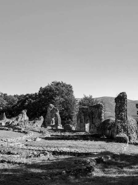 Grayscale Roman Ruins Picturesque Landscape Lush Trees Basilicata Italy — Stock Photo, Image