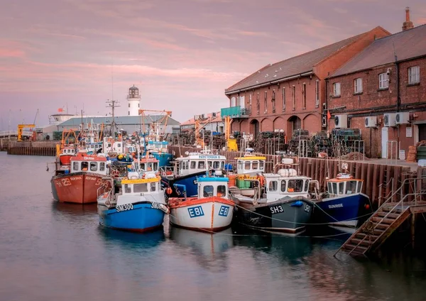 Frota Pesca Porto Scarborough Pôr Sol Reino Unido — Fotografia de Stock