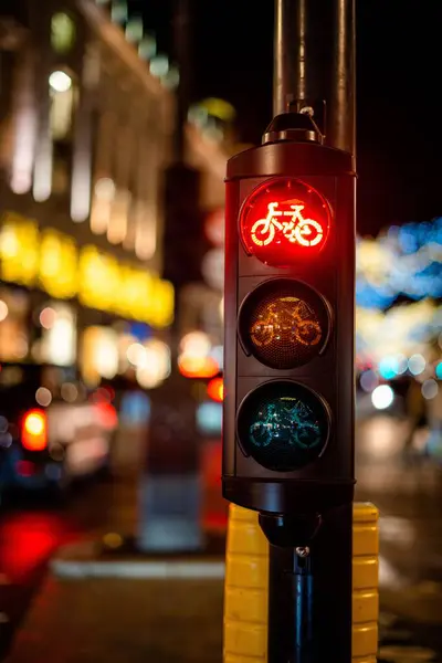 Vue Verticale Feu Circulation Pour Bicyclettes Avec Feu Rouge Brillant — Photo