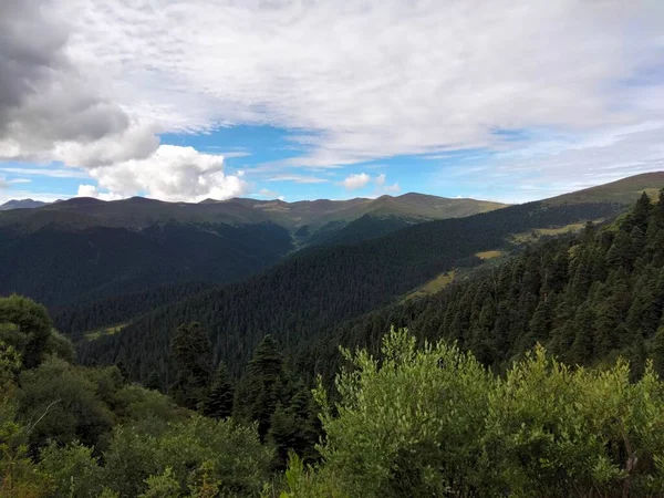 Een Prachtige Scène Van Groene Bergen Onder Grijze Bewolkte Lucht — Stockfoto