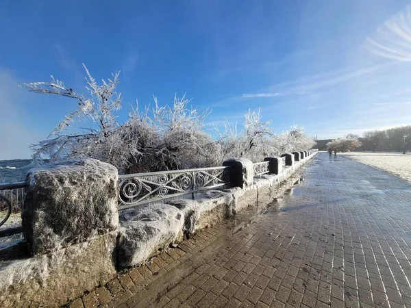 Der Steinige Zaun Und Eisbedeckte Bäume Der Nähe Der Niagarafälle — Stockfoto