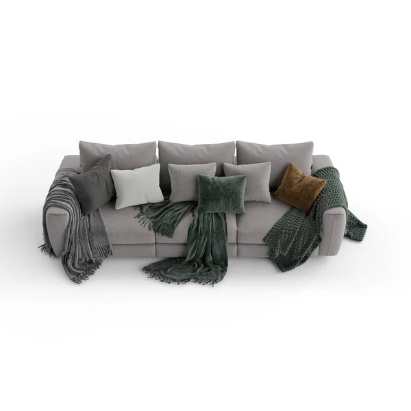 白い背景に孤立した枕を持つソファの3Dイラスト — ストック写真