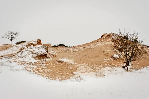 Pintoresco Plano Una Colina Arenosa Cubierta Nieve — Foto de Stock