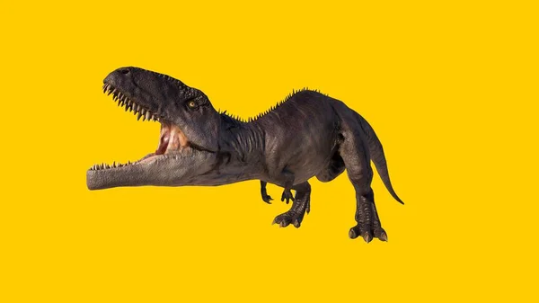 Sarı Arka Planda Izole Edilmiş Bir Tyrannosaurus Rex Boyutlu Görüntüsü — Stok fotoğraf