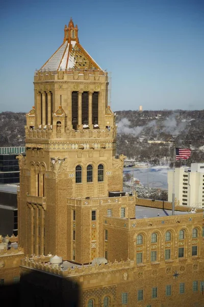 明尼苏达州罗切斯特市的Plummer大楼被积雪和病虫害环绕 一幅垂直的照片 — 图库照片