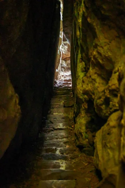 Uma Imagem Vertical Caminho Estreito Entre Falésias Parque Nacional Mullerthal — Fotografia de Stock