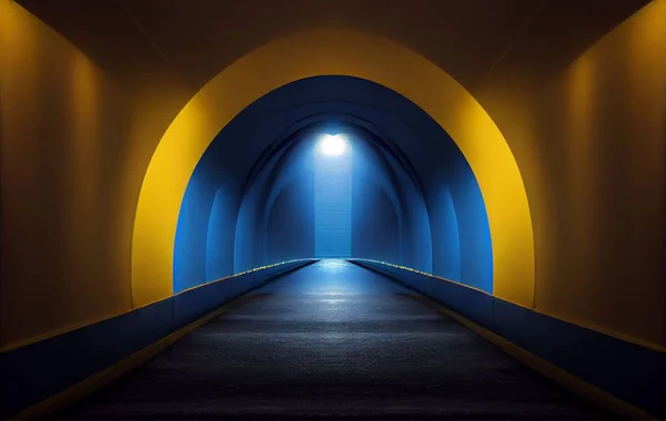 Render Glowing Illuminated Tunnel Yellow Blue Walls — Stock Photo, Image