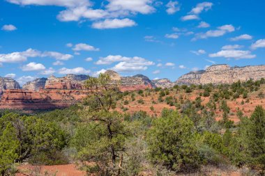 Sedona 'daki ünlü Kızıl Kaya Ülkesi manzarası güneşli bir günde çekildi.