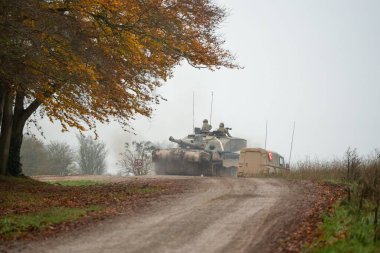 Bir askeri tank ve tarlada silahlı askerler.