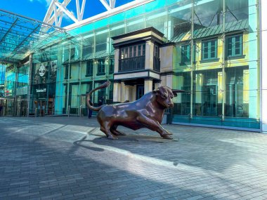 Cam bir binanın önündeki Boğa heykeli. Bullring & Grand Central, Birmingham, İngiltere.