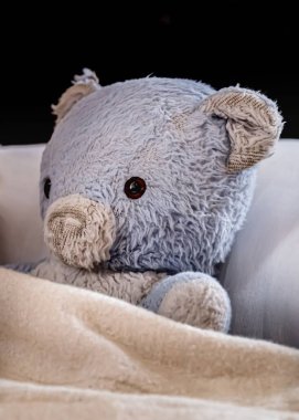 Yatağa tıkılmış (çok sevilen) mavi ayıcık.