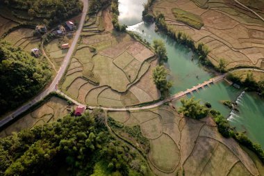 Tayland 'da ağaçlar ve tarlalarla çevrili bir nehrin havadan çekilmiş görüntüsü..