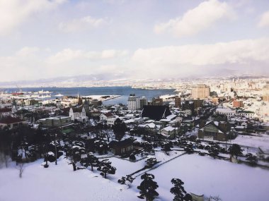 Nehir kenarındaki karla kaplı bir şehrin havadan görünüşü