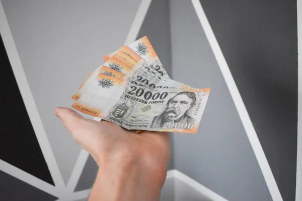 一只手拿着两万匈牙利福林钞票靠在灰墙上 — 图库照片