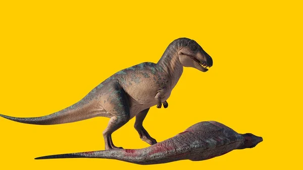 Król Dinozaurów Akrokantozaur Stojący Obok Martwego Odizolowanego Żółtym Tle — Zdjęcie stockowe