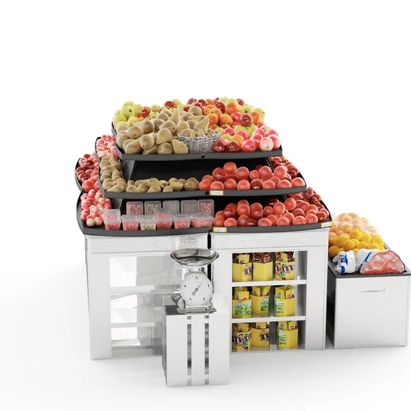 Soporte Producto Una Caja Con Diferentes Frutas Aisladas Fondo — Foto de Stock