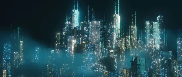 Une Scène Nocturne Rendu Illuminant Des Gratte Ciel Futuristes Cyberpunk — Photo