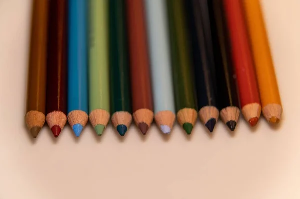 This is a photo of the ends of 8 Prismacolor pencils with the points pointed at the bottom