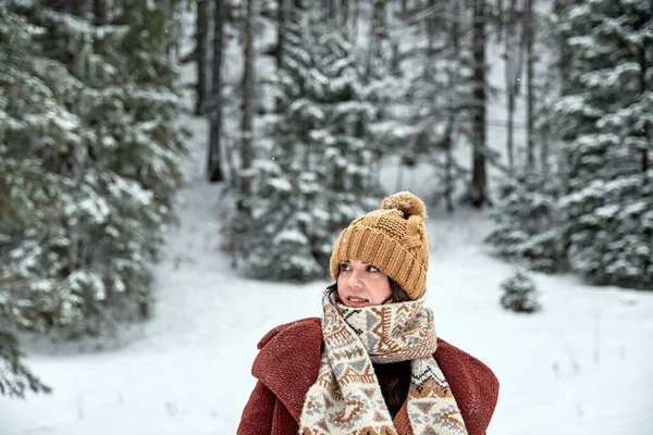 Woman Cozy Winter Scarf Hat Looking Snowy Forest Thick Trees — Stock Photo, Image