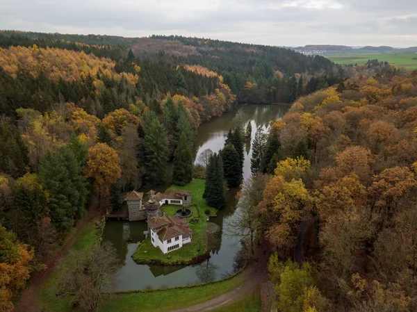 Drone View Tuurelbach Castle Surrounded Forest Cloudy Sky Luxembourg — Stock Photo, Image