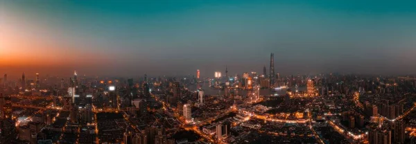 Panoramic Cityscape Scene Shanghai City Skyscrapers Sunset Time — Stock Photo, Image