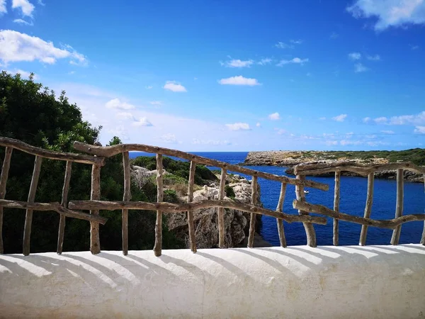 Beach Binibeca Menorca Seen Wooden Railing Balcony — Stock Photo, Image