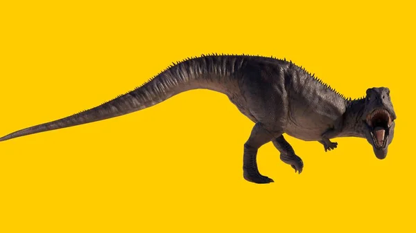 黄色の背景に孤立した巨大な恐ろしい成長のギガノトサウルスの恐竜 — ストック写真
