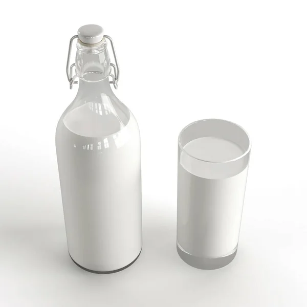 Μια Τρισδιάστατη Απεικόνιση Μιας Φιάλης Και Ενός Ποτηριού Γάλακτος Που — Φωτογραφία Αρχείου