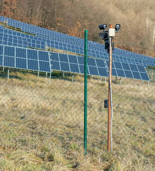 现场的太阳能光伏发电厂 靠近森林的草地上的太阳能电池板 绿色能源概念 — 图库照片