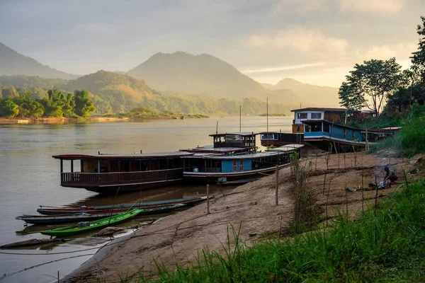 High Angle Shot Boats Moored Pier Mekong River Luang Prabang — Stock Photo, Image