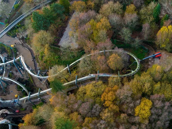 Uma Visão Drone Montanha Russa Invertida Nemesis Sendo Removida Parque — Fotografia de Stock