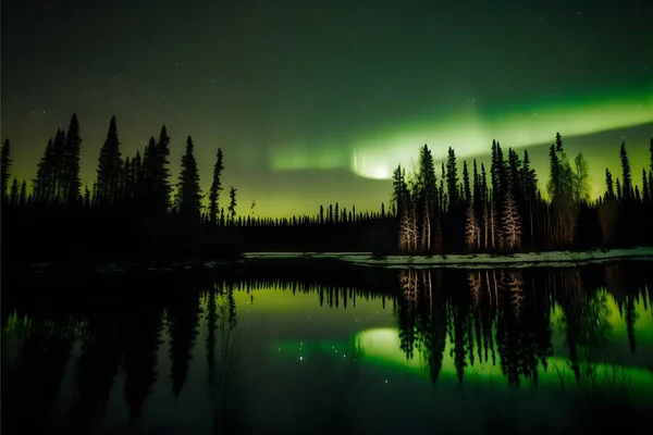 Reflexo Árvores Sempre Verdes Sobre Mar Calmo Noite Durante Luzes — Fotografia de Stock