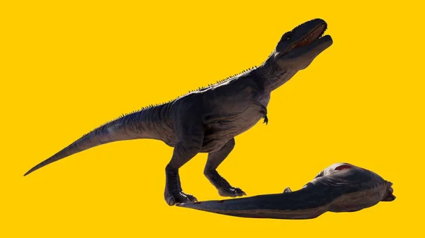 Ilustracja Dinozaura Jedzącego Innego Dinozaura Izolowanego Żółtym Ślepym Tle — Zdjęcie stockowe