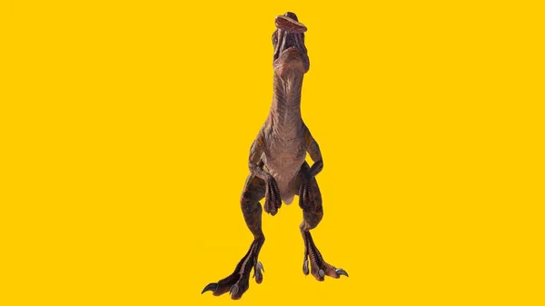 Oyuncak Velociraptor Dinozoru Sarı Arka Planda Yiyor — Stok fotoğraf