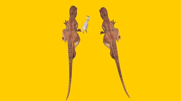 Dois Dinossauros Velociraptores Brinquedo Caçando Uma Cabra Fundo Amarelo — Fotografia de Stock