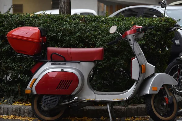 Una Moto Vintage Roja Plateada Contra Arbusto Verde —  Fotos de Stock