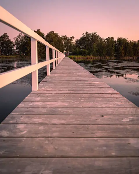 日没時に長い木製の桟橋の垂直ショット — ストック写真