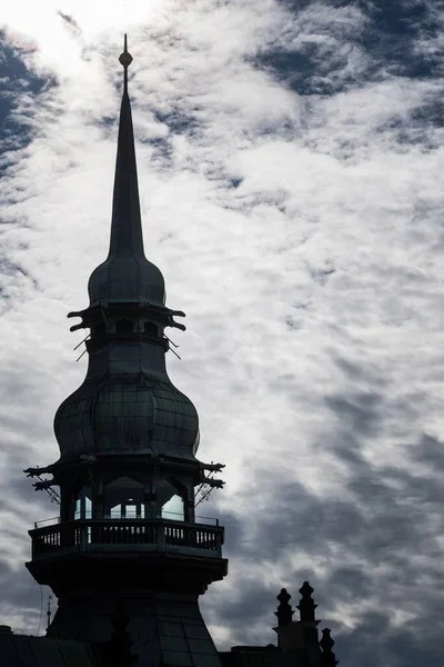 Una Vista Vertical Detallada Una Torre Medieval Contra Cielo Nublado —  Fotos de Stock