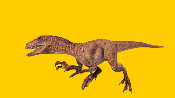 一种在黄色背景下隔离的猛禽恐龙的3D渲染 — 图库照片
