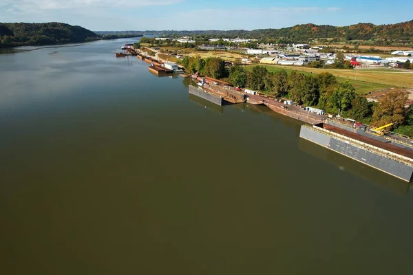 Aerial View Wood Trees Large Barge Ohio River Boats Summer — Stock Photo, Image