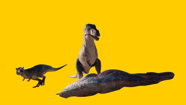 Король Динозавров Акрокантозавр Стоящий Рядом Мертвым Один Другим Изолированный Жёлтом — стоковое фото