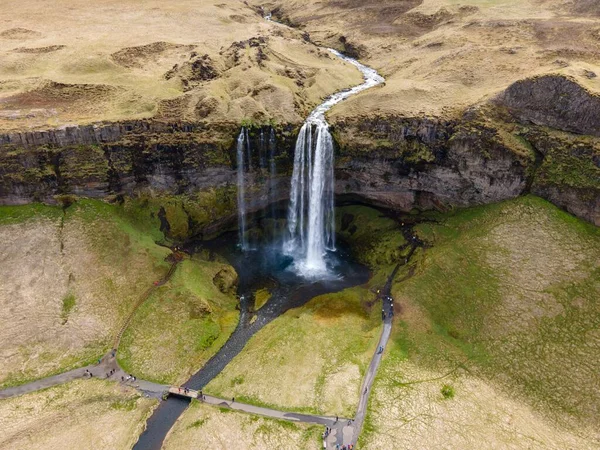 Drone Aéreo Famosa Cachoeira Seljalandsfoss Islândia — Fotografia de Stock