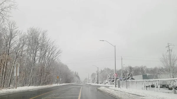 Eine Wunderschöne Verschneite Landschaft Mit Einer Leeren Straße Einem Nebligen — Stockfoto