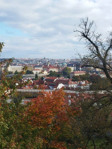 Tiro Vertical Edifícios Com Telhados Vermelhos Dia Outono Praga República — Fotografia de Stock