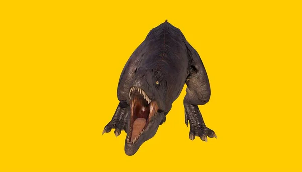 Sarı Arka Planda Izole Edilmiş Bir Tyrannosaurus Rex Boyutlu Görüntüsü — Stok fotoğraf