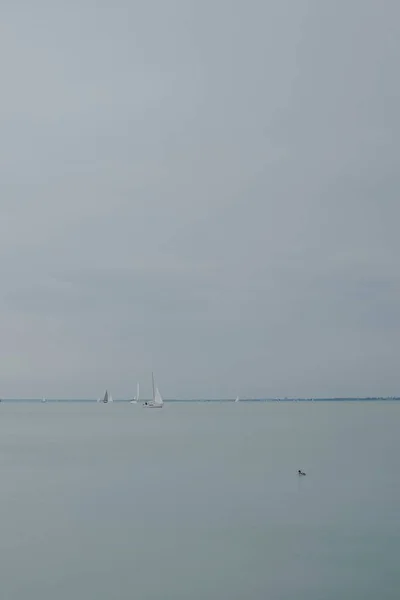 Verschillende Zeilboten Het Rustige Meerwater Tegen Een Bewolkte Lucht Siofok — Stockfoto