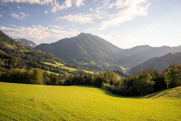 在阳光灿烂的日子里 奥地利山区茂盛的绿地的空中景观 — 图库照片