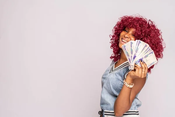 Excited Happy African Lady Flaunting Money — Stock Photo, Image
