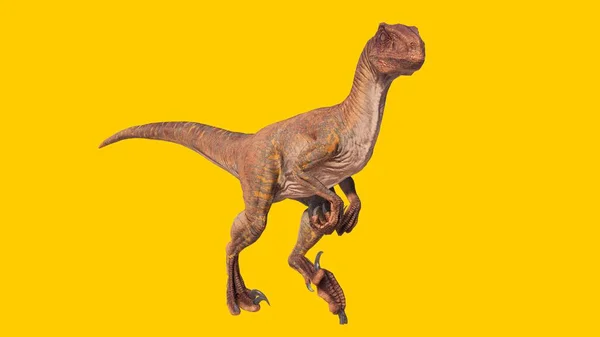 黄色の背景に孤立したヴェロキラプトル恐竜の3Dレンダリング — ストック写真