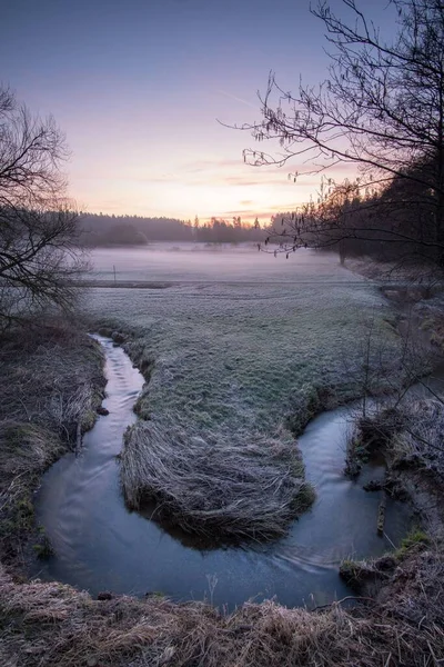 Вертикальний Постріл Річки Полі Туманний День Під Час Заходу Сонця — стокове фото